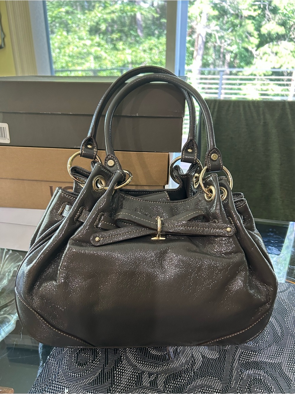 Source Unknown Dark grey patent Satchel with Gold Hardware